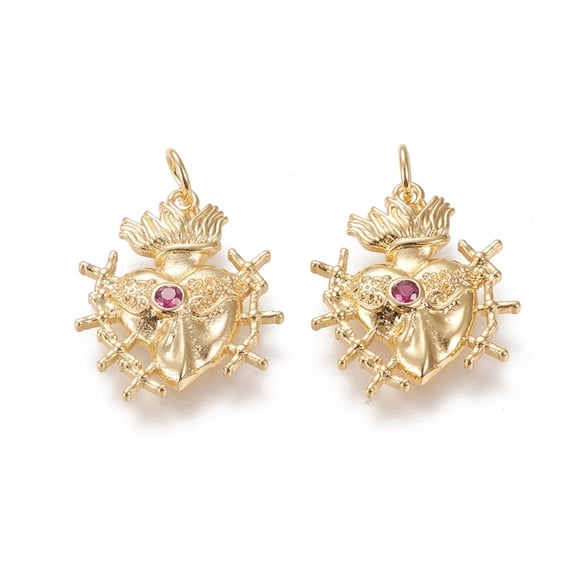 10 pc Brass Micro Pave Cubic Zirconia Pendants Long-Lasting Plated with Jump Rings Sacred Heart Deep Pink Real 18K Gold Plated 21x18.5x3.6mm Jump Ring: 5.1x0.8mm 3.5mm Inner Diameter