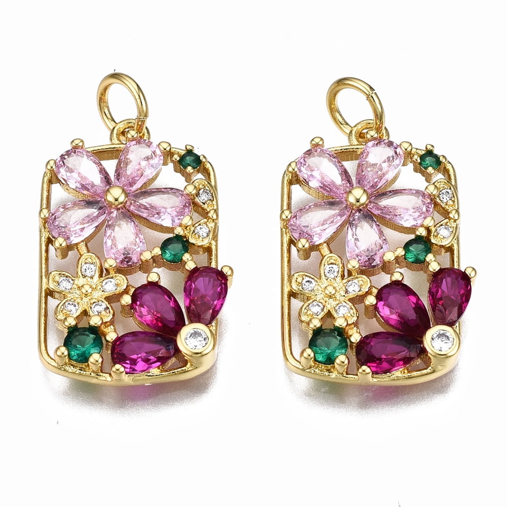 10 pc Brass Micro Pave Cubic Zirconia Pendants with Jump Rings Nickel Free Real 16K Gold Plated Flower Pink 21.5x14x3mm Jump Ring: 5x0.8mm