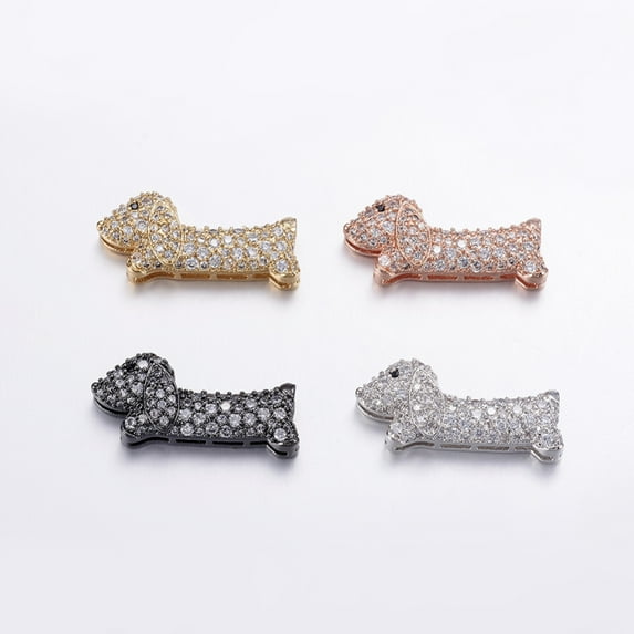 10 pc Brass Micro Pave Cubic Zirconia Puppy Pendants Multi-strand Links connectors Long-Lasting Plated Sausage Dog/Dachshund Mixed color 10x23x5mm Hole: 1x3mm