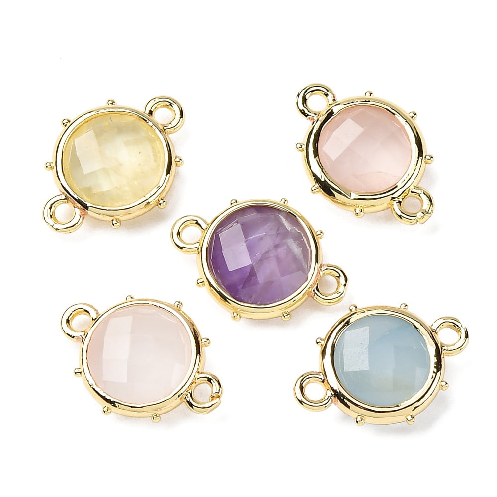 10 pc Brass Natural Gemstone Connector Charms Flat Round Faceted Rack ...