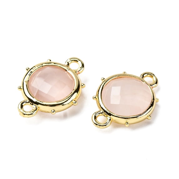 10 pc Brass Natural Rose Quartz Connector Charms Flat Round Faceted Rack Plating 14.5x10x3.5mm Hole: 1.4mm