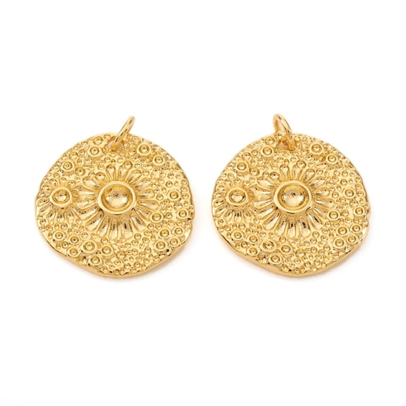 10 pc Brass Pendant Rhinestone Settings with Jump Ring Flat Round with Flower Real 18K golden Plated Fit For 0.5mm 2mm 3.5mm Rhinestone 20x2.5mm Hole: 3mm