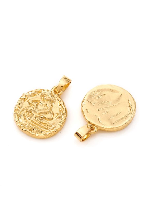 10 pc Brass Pendants Textured Flat Round with Constellation/Zodiac Sign Real 18K golden Plated Aquarius 16.5x14x2mm Hole: 5x2.5mm