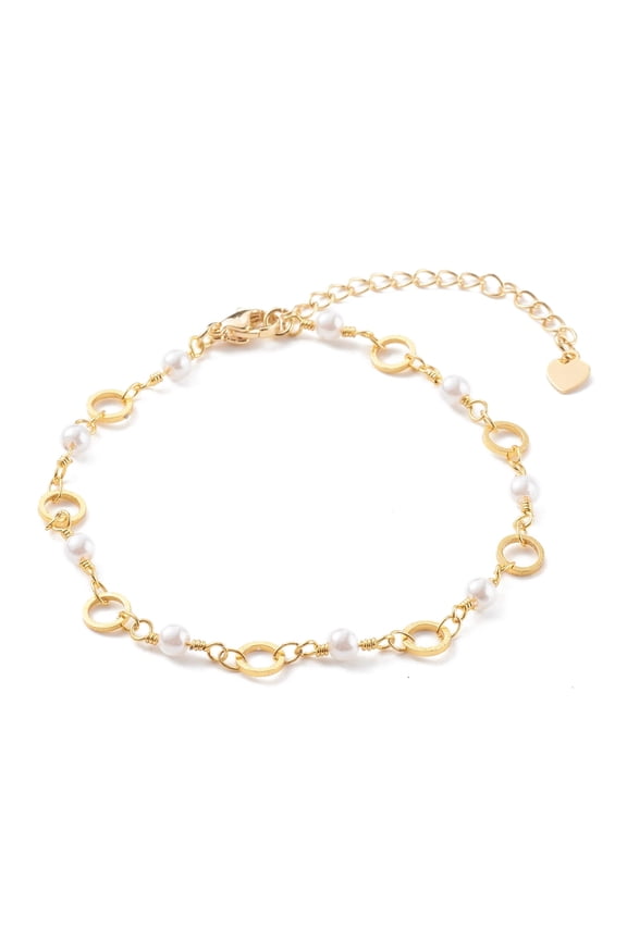10 pc Brass Ring Link Chain Bracelets with Round Glass Beads and Lobster Claw Clasps White Real 18K golden Plated 7-5/8 inch(19.5cm)