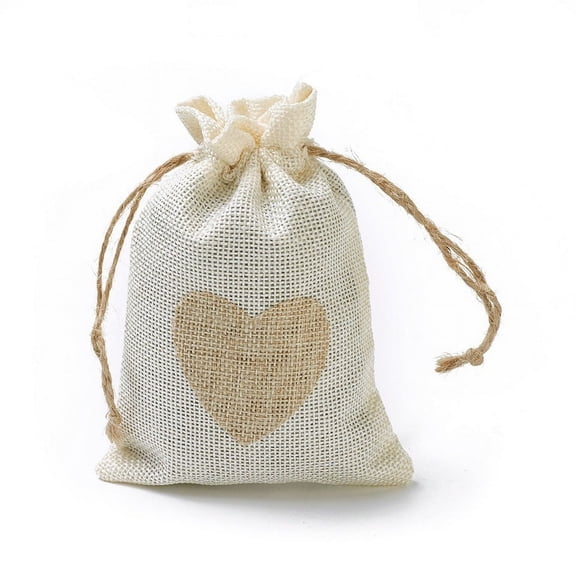 10 pc Burlap Packing Pouches Drawstring Bags Rectangle with Heart Antique White 14.2~14.5x10cm