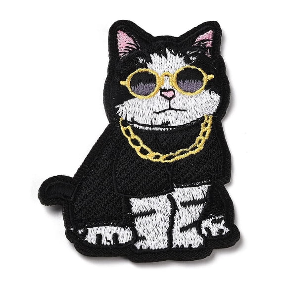 10 pc Cat with Necklace Glasses Appliques Computerized Embroidery Cloth Iron on/Sew on Patches Costume Accessories Black 75.5x55.5x1.5mm