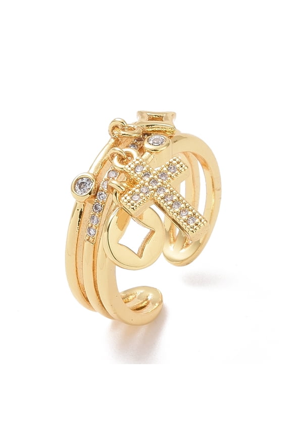 10 pc Clear Cubic Zirconia Cross Coin Star Charms Open Ring Brass Jewelry for Women Cadmium Free Lead Free Real 18K golden Plated US Size 6 3/4(17.1mm)