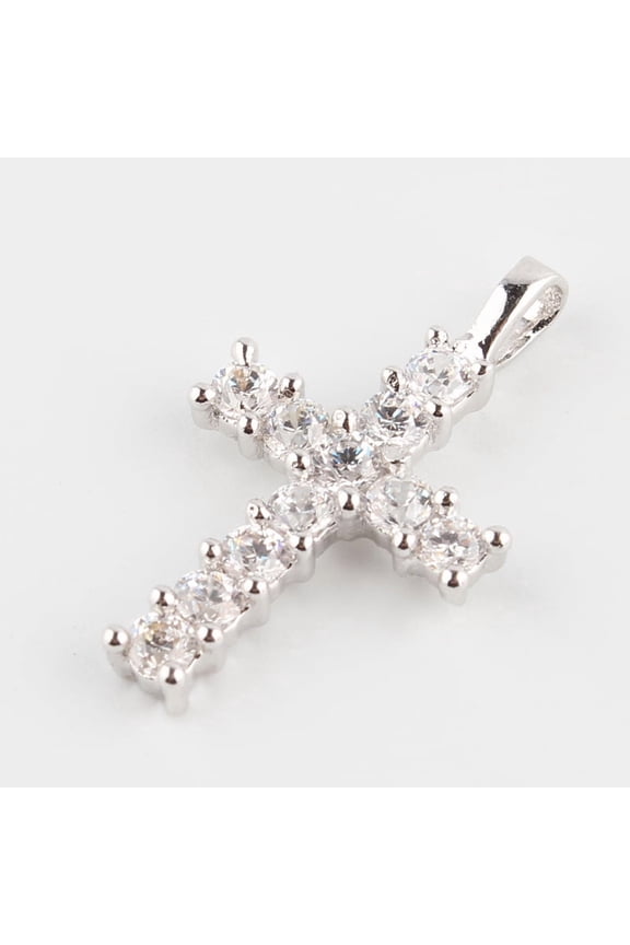 10 pc Cross Brass Micro Pave Cubic Zirconia Pendants Platinum 23.5x13~14x3mm Hole: 3x2mm