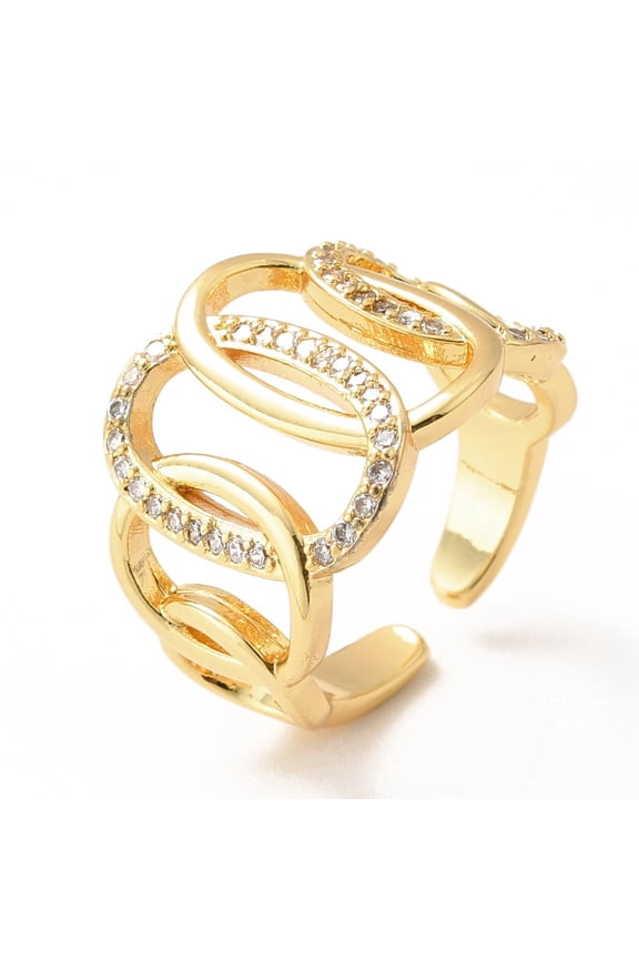 10 pc Cubic Zirconia Interlocking Oval Open Cuff Ring Real 18K golden Plated Brass Wide Ring for Women Lead Free Cadmium Free Clear US Size 6 1/2(16.9mm)