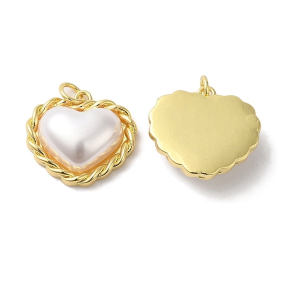 10 pc Eco-Friendly Rack Plating Brass Pendants with Plastic Imitation Pearls and Jump Ring Long-Lasting Plated Lead Free Cadmium Free Heart Real 18K golden Plated 17.5x19x6mm Hole: 3.5mm