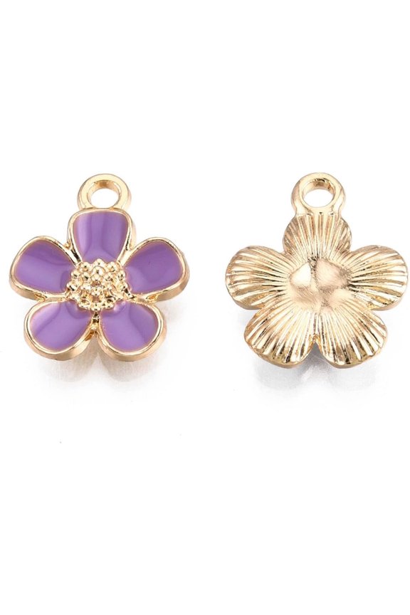 10 pc Eco-Friendly Zinc Alloy Pendants with Enamel Cadmium Free & Nickel Free & Lead Free 5- Petal Flower Light Gold Lilac 16x13x3mm Hole: 1.8mm