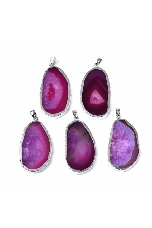 10 pc Edge Platinum Plated Natural Agate Slices Big Pendants with Platinum Tone Iron Pinch Bail Dyed Teardrop Fuchsia 54~58x29~30x5~6mm Hole: 7x3.5mm Natural Agate