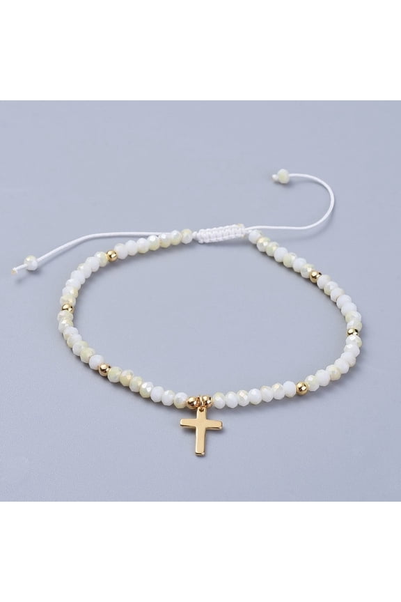 10 pc Electroplate Glass Beads Bracelets with Brass Findings and Nylon Thread Cross Golden 2-1/4 inch~3-3/8 inch(5.65~8.65cm)