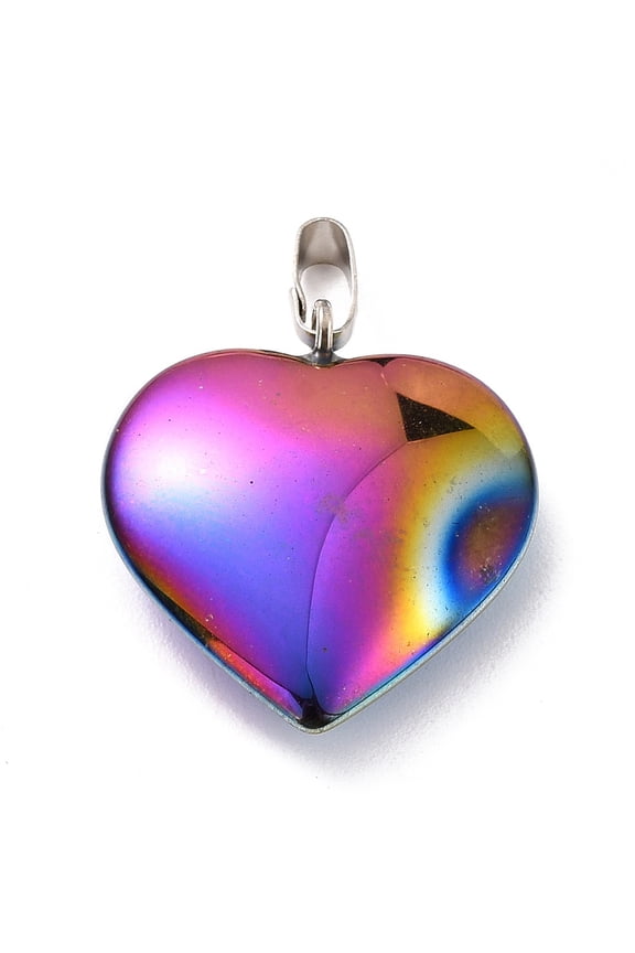 10 pc Electroplate Non-magnetic Hematite Pendants with Platinum Tone Brass Findings Rainbow Heart Multi-color Plated 17.5x15x5mm Hole: 6x2.5mm