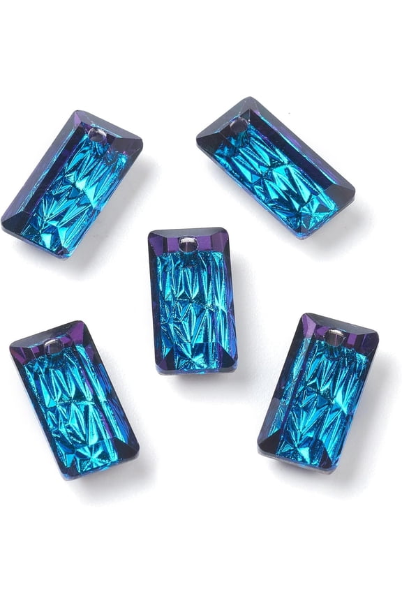 10 pc Embossed Glass Rhinestone Pendants Rectangle Faceted Bermuda Blue 14x7x4.2mm Hole: 1.5mm