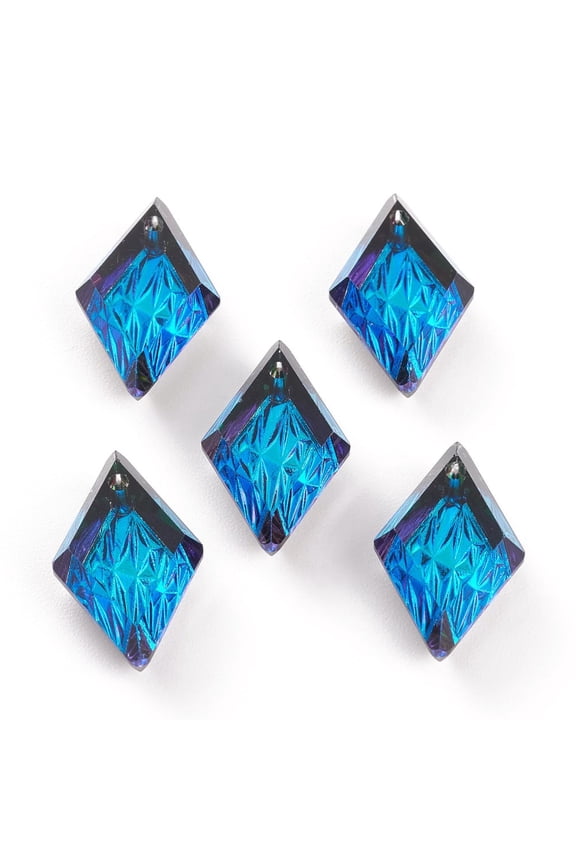 10 pc Embossed Glass Rhinestone Pendants Rhombus Faceted Bermuda Blue 19x12x6mm Hole: 1.5mmDIY