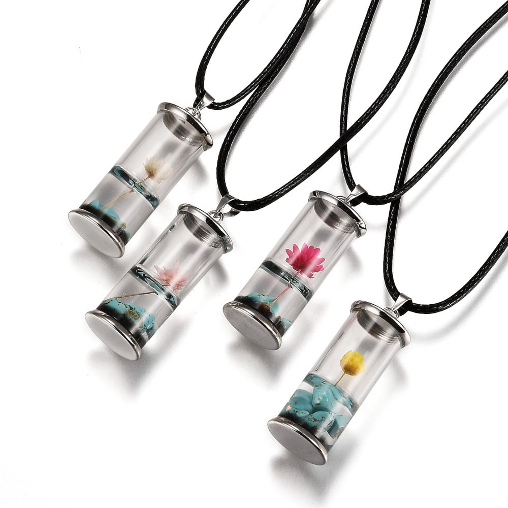 10 pc Glass Wishing Bottle Leather Cord Pendant Necklaces with Dried Flower & Natural Gemstone Chip Beads Inside Platinum Mixed Color 17-3/8 inch(44.05cm)