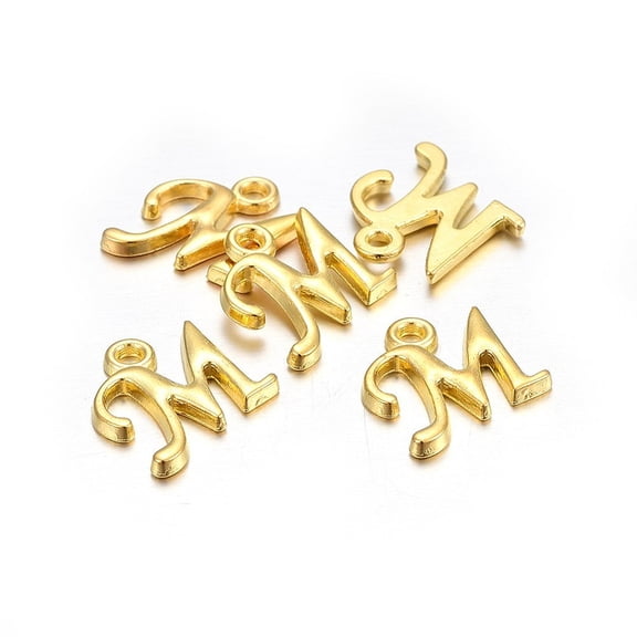 10 pc Golden Plated Alloy Letter Pendants Rack Plating Cadmium Free Lead Free Letter.M 13x13x2mm Hole: 1.5mm
