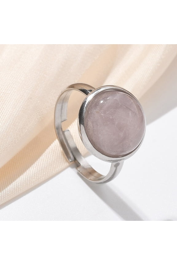 10 pc Half Round Natural Rose Quartz Finger Rings 304 Stainless Steel Adjustable Rings for Women Round: 14mm US Size 7 1/4(17.5mm)