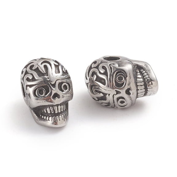 10 pc Halloween 304 Stainless Steel Beads Skull Head Antique Silver 11.2x7.8x9mm Hole: 2.4mm