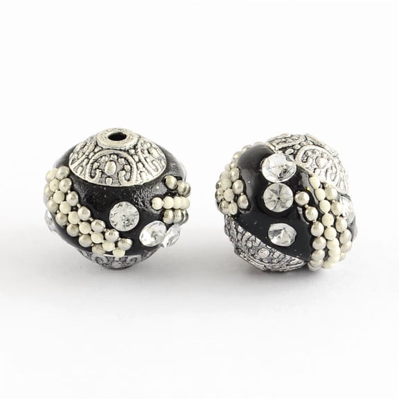 10 pc Handmade Indonesia Beads with Crystal Rhinestones and Alloy Cores Round Antique Silver Black 14~16x14~16mm Hole: 1.5mm