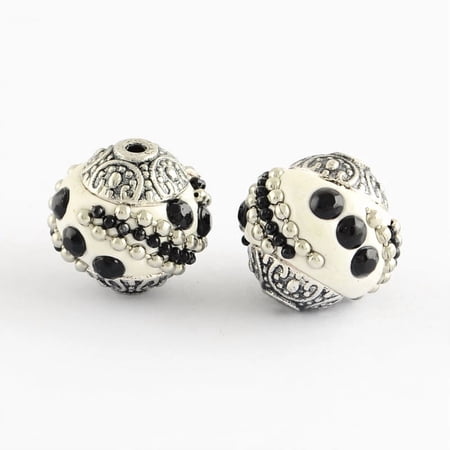 10 pc Handmade Indonesia Beads with Jet Rhinestones and Alloy Cores Round Silver White 14~16x14~16mm Hole: 1.5mm
