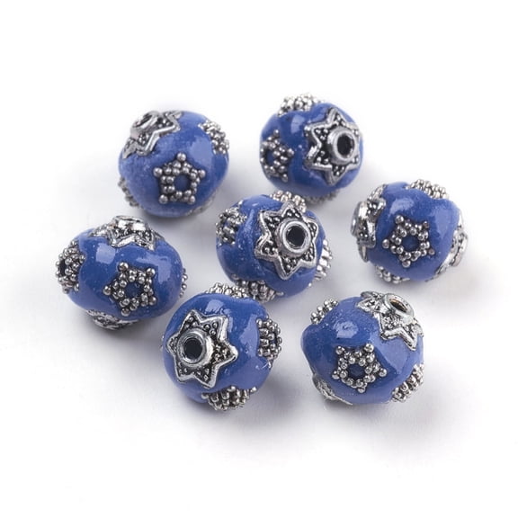 10 pc Handmade Indonesia Beads with Metal Findings Round Antique Silver Cornflower Blue 11~11.5x10.5~11mm Hole: 1.5mm