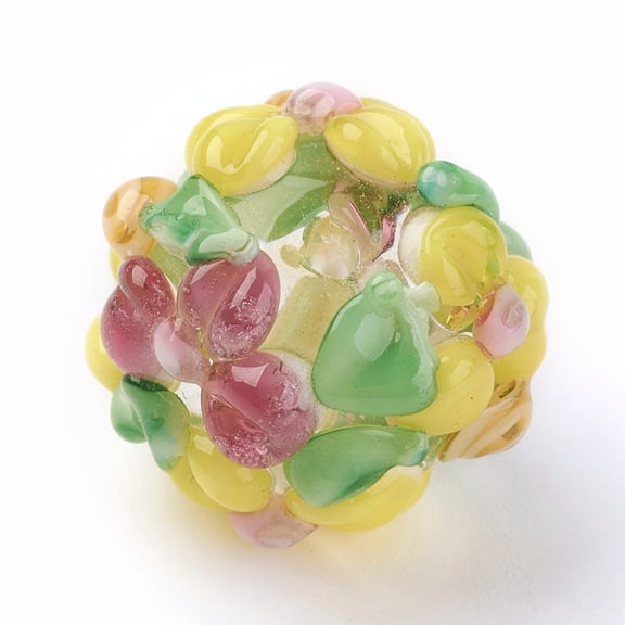 10 pc Handmade Lampwork Beads Rondelle with Flower Bumpy Yellow 14~15x12~13mm Hole: 1.5~1.8mm