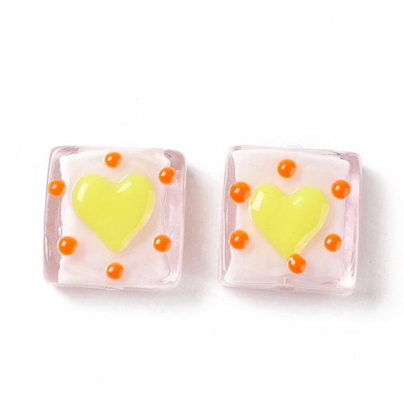 10 pc Handmade Lampwork Beads Square with Heart Pattern Misty Rose 16x15x6mm Hole: 1.8mm