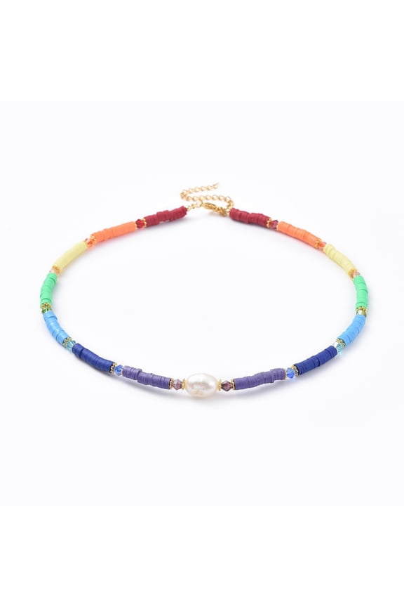 10 pc Handmade Polymer Clay Heishi Beads Necklaces with Glass Beads Freshwater Pearl Beads and 304 Stainless Steel Twisted Chains Golden 15 inch(38.3cm) 4mm