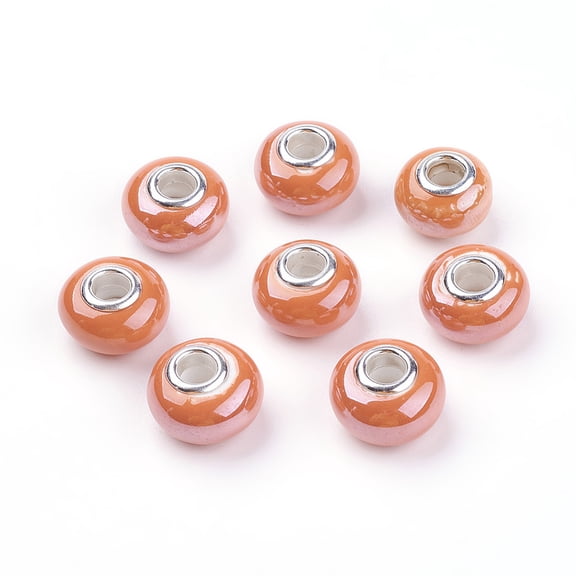 10 pc Handmade Porcelain European Beads for Jewelry Making with Silver color Brass Double Cores Rondelle Orange Red 15x11mm Hole: 5mm