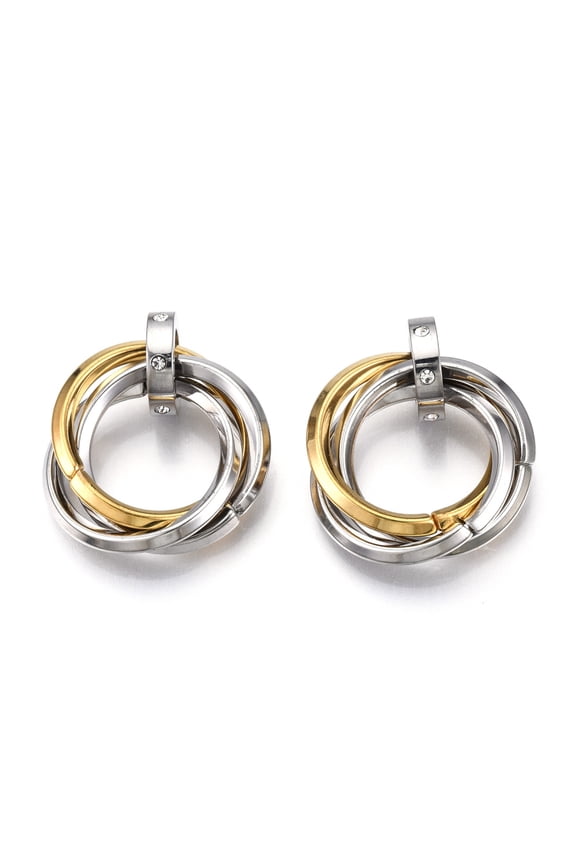 10 pc Ion Plating(IP) 201 Stainless Steel Interlocking Ring Pendants with Rhinestone Golden Stainless Steel color 27mm