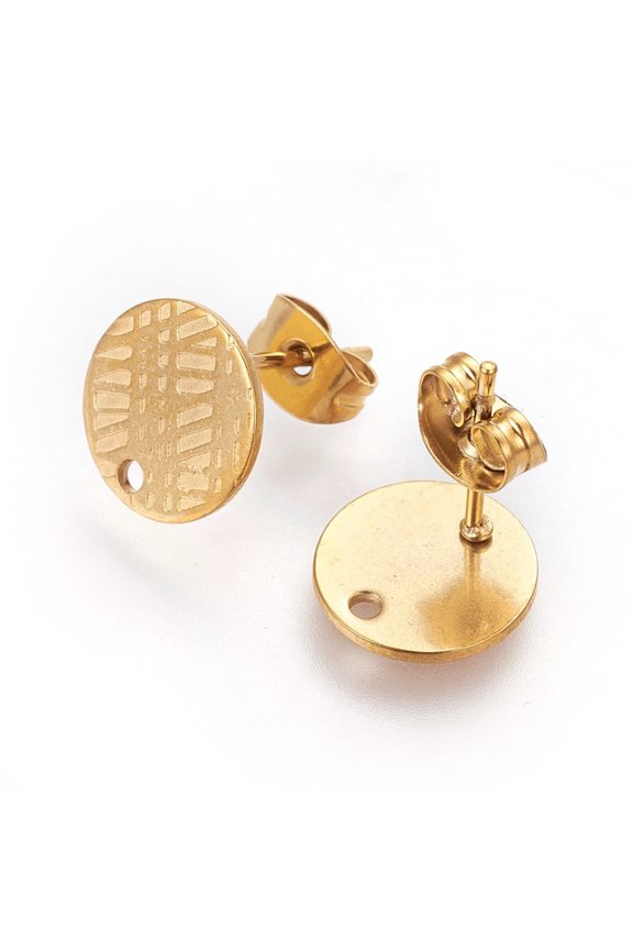 10 pc Ion Plating(IP) 304 Stainless Steel Ear Stud Findings with Ear Nuts/Earring Backs and Hole Textured Flat Round Golden 10mm Hole: 1.2mm Pin: 0.8mm