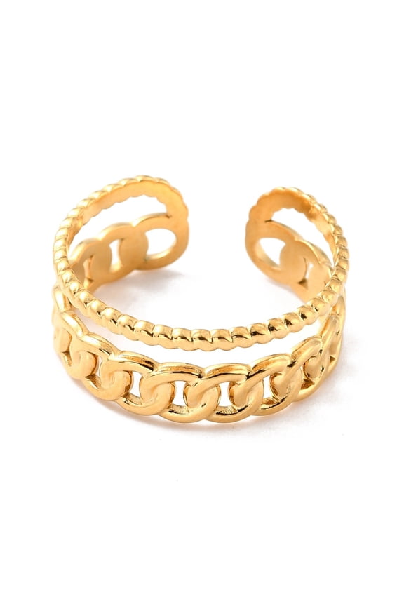 10 pc Ion Plating(IP) 304 Stainless Steel Finger Rings Cuff Rings Long-Lasting Plated Curb Chain Shape Golden US Size 7 3/4(17.9mm) 8mm