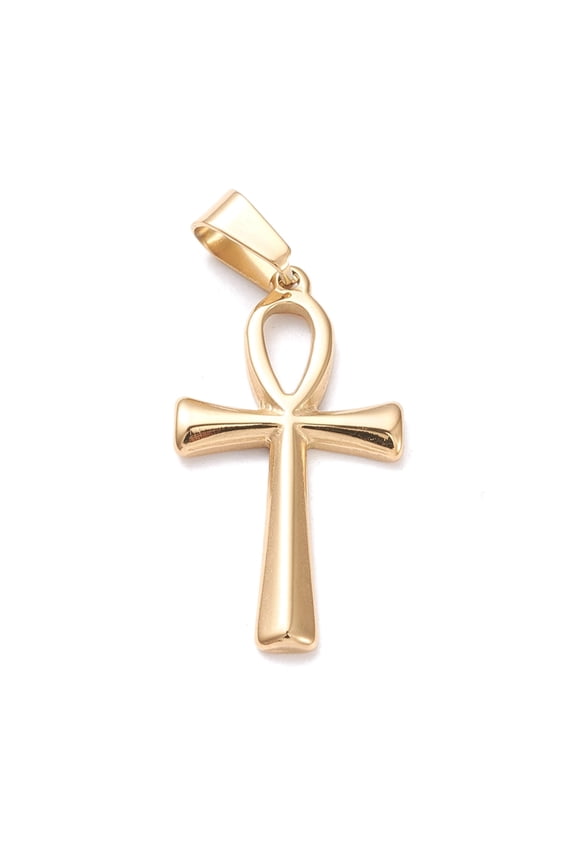 10 pc Ion Plating(IP) 304 Stainless Steel Pendants Laser Cut Ankh Cross Golden 30x16x2mm Hole: 4x7mm