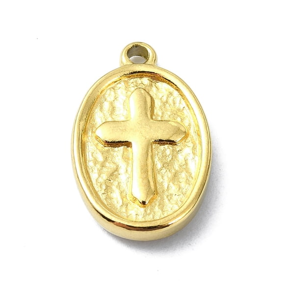 10 pc Ion Plating(IP) 304 Stainless Steel Pendants Real 18K golden Plated Oval with Cross 16.5x10.5x2.5mm Hole: 1.5mm