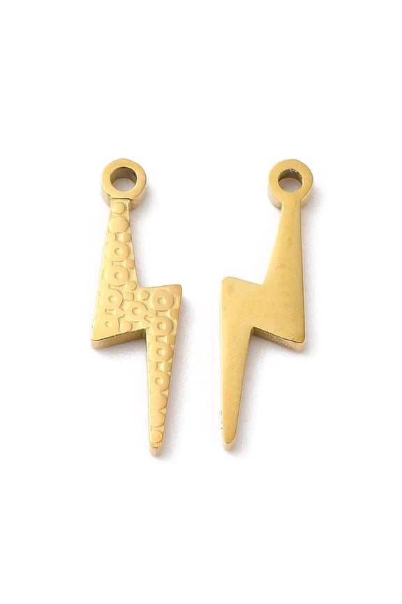 10 pc Ion Plating(IP) 316L Surgical Stainless Steel Pendants Lightning Bolt Charm Textured Real 18K Gold Plated 15.7x4.5x1.3mm Hole: 1.2mm