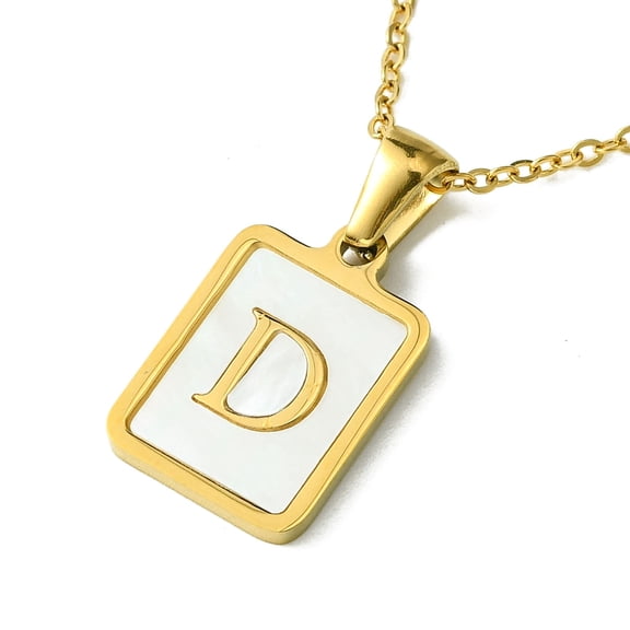10 pc Ion Plating(IP) Rectangle with Initial Letter 304 Stainless Steel Pendant Necklace white Shell Real 18K Gold Plated Letter D 16.06 inch