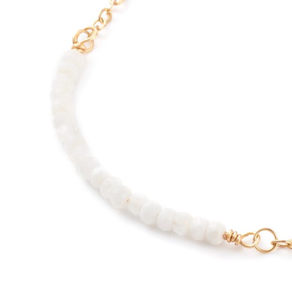 10 pc June Birthstone Natural Rainbow Moonstone Beaded Bracelets with Brass Cable Chains Faceted Round Golden 7-1/4 inch(18.5cm)