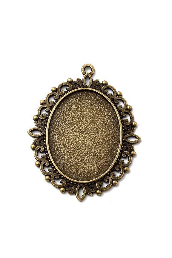 10 pc Large Vintage Tibetan Style Alloy Pendant Cabochon Settings,Cadmium Free & Nickel Free Bronze Oval Tray: 30x40mm 61x48x2.5mm Hole: 3mm