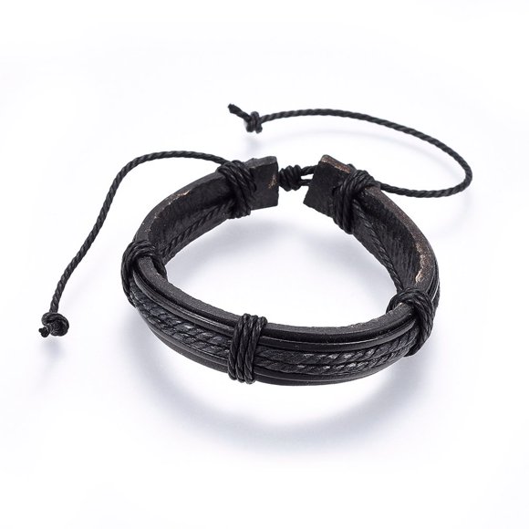 10 pc Leather Cord Bracelets with Waxed Cord Black 2 inch(5cm)~3-1/8 inch(8cm)