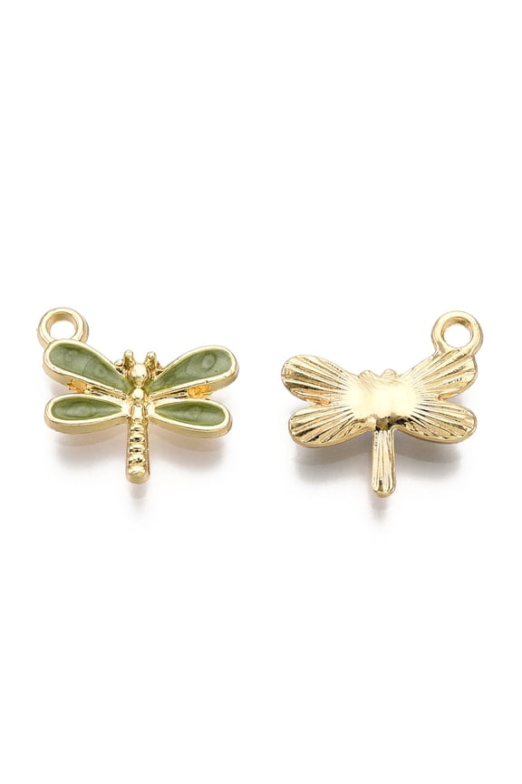 10 pc Light Gold Plated Alloy Charms with Enamel Dragonfly Olive Drab 14.5x15.5x3mm Hole: 1.8mm