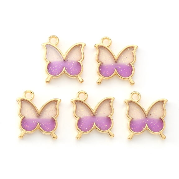 10 pc Light golden Plated Alloy Enamel Pendants with Glitter Sequin Butterfly Orchid 15.5x14x1.5mm Hole: 1.6mm