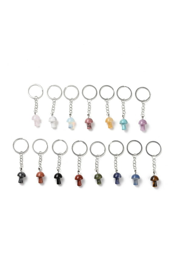 10 pc Mushroom Natural Gemstone Keychain Stone Lucky Pendant Keychain with Iron Findings 8.35cm