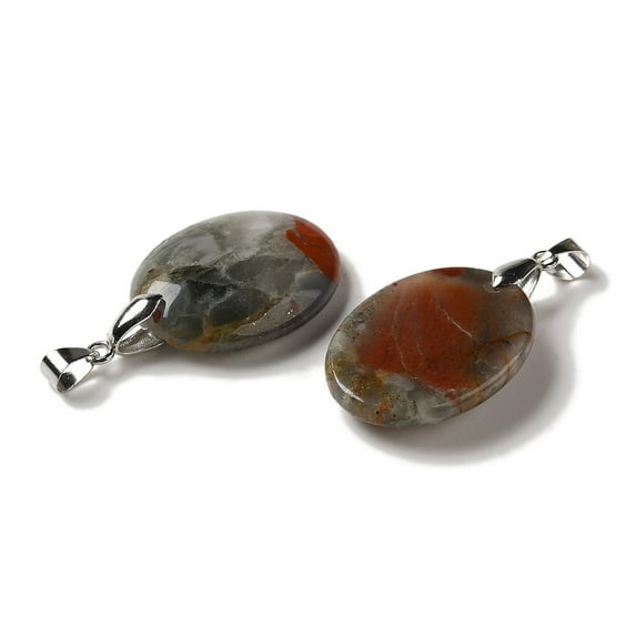 10 pc Natural African Bloodstone Pendants Oval Charms with Rack Plating Platinum Plated Brass Snap on Bails 30x21.5~22x6~6.5mm Hole: 6x4mm