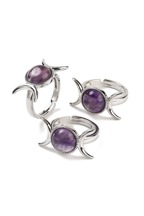 10 pc Natural Amethyst Adjustable Rings Platinum Plated Brass Moon Finger Rings for Women Men US Size 7 1/4(17.5mm)