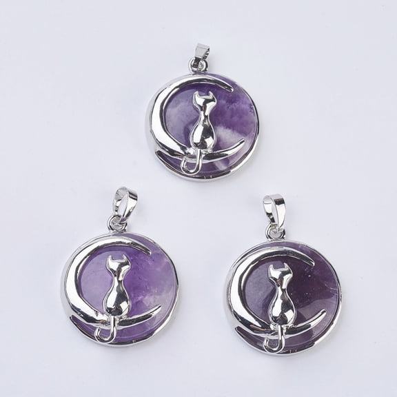 10 pc Natural Amethyst Kitten Pendants with Brass Findings Flat Round with Cat Crescent Moon Shape Platinum 32x27.5x10mm Hole: 5x7mm