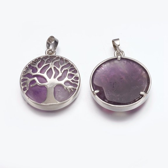 10 pc Natural Amethyst Pendants with Brass Finding Flat Round with Tree of Life Platinum 31x27x6mm Hole: 5x8mm