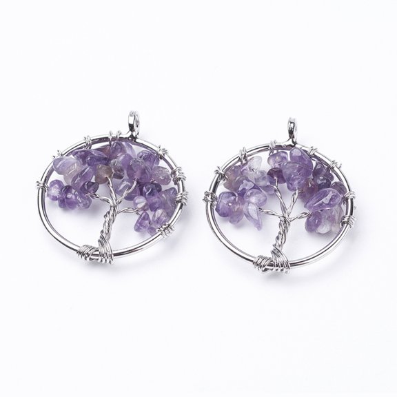 10 pc Natural Amethyst Pendants with Brass Findings Flat Round with Tree of Life Platinum 29x5~7mm Hole: 4.5mm Amethyst