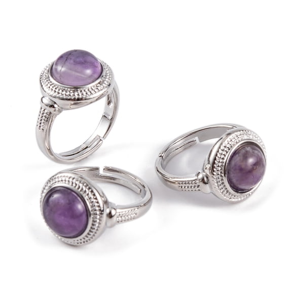 10 pc Natural Amethyst Round Adjustable Rings Platinum Plated Brass Finger Rings for Women Men Inner Diameter: 18mm